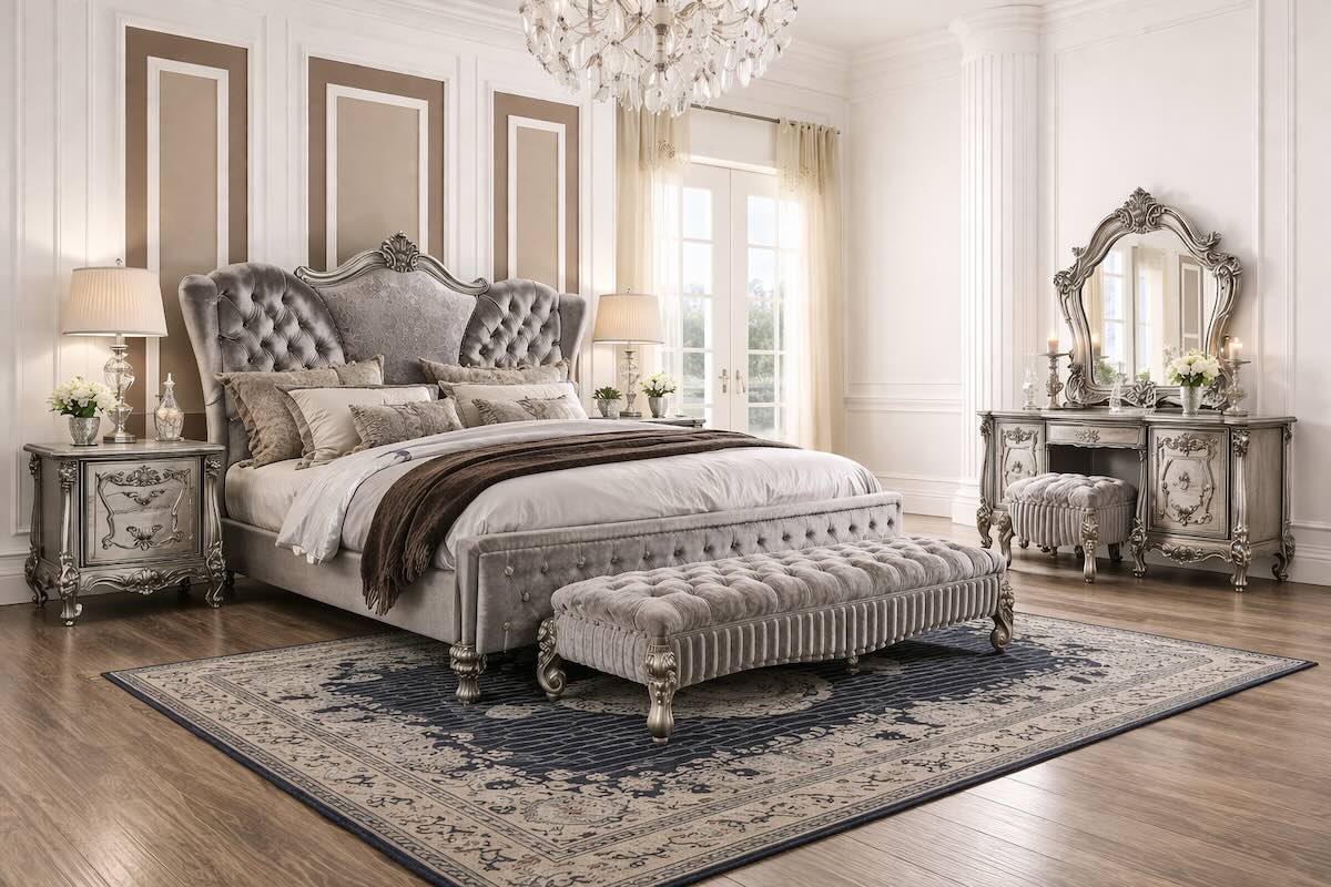 Versailles Luxury European Platinum Bedroom Set with Velvet Bed Versailles Luxury European Platinum Bedroom Set with Velvet Bed