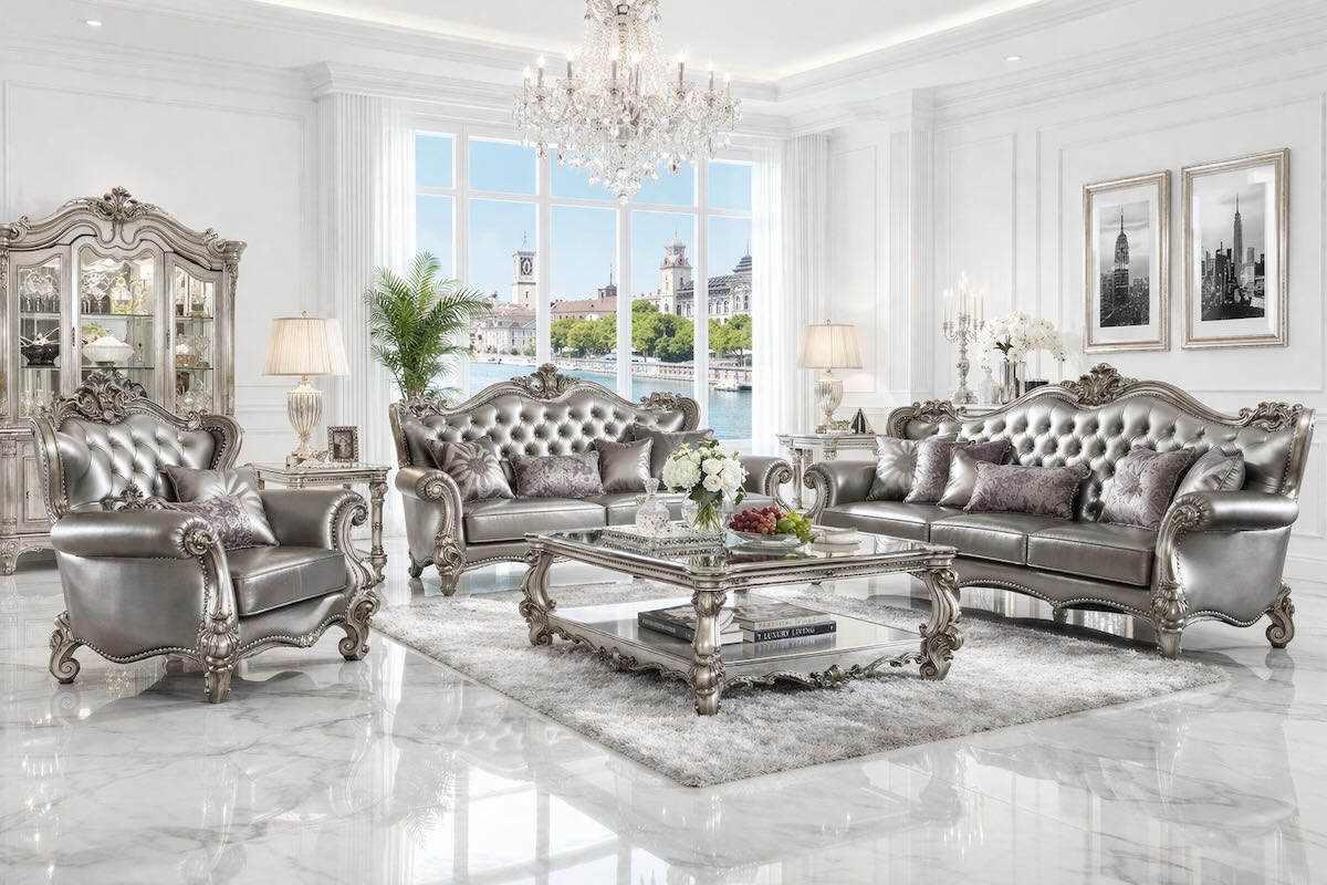 Versailles Luxury Baroque-Inspired Formal Sofa Set in Platinum Versailles Luxury Baroque-Inspired Formal Sofa Set in Platinum