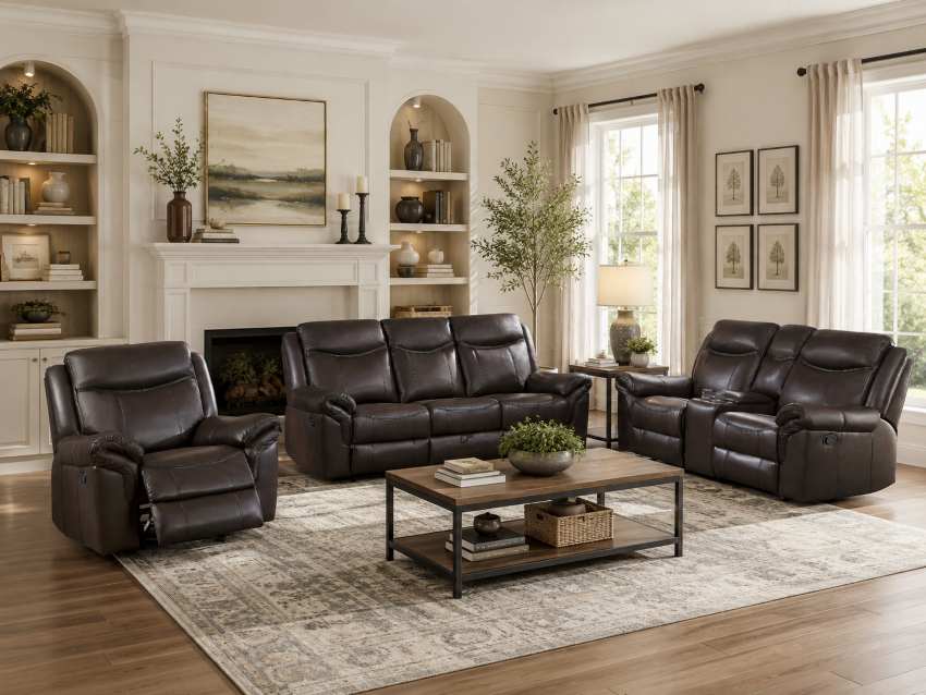 Aram Comfortable Reclining Sofa Set in Brown