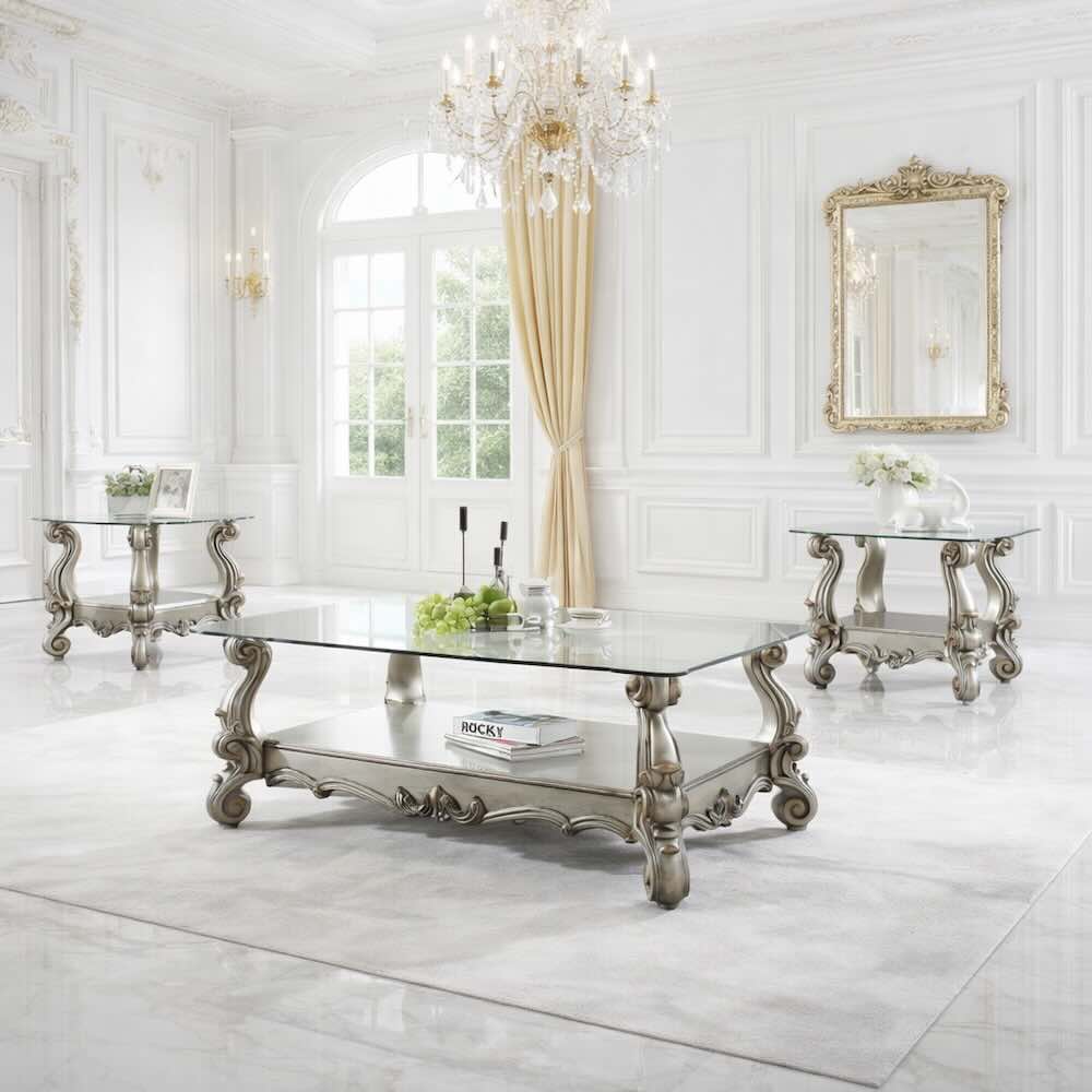 Versailles Luxury Old World European 3-Piece Coffee Table Set in Platinum Versailles Luxury Old World European 3-Piece Coffee Table Set in Platinum