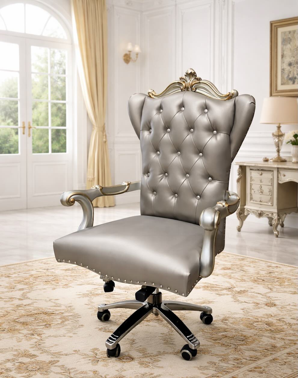 Versailles Luxury Old World European Desk with Chair in Platinum