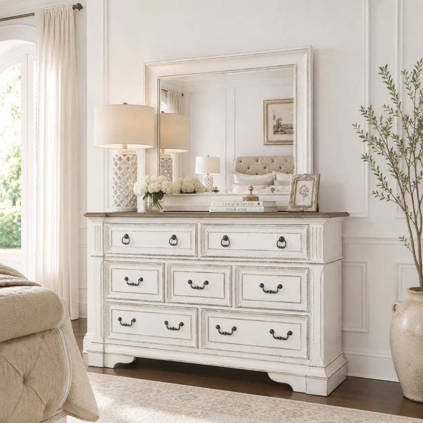 Abbey Park French Farmhouse Bedroom Set with Upholstered Sleigh Bed