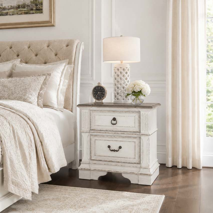 Abbey Park French Farmhouse Bedroom Set with Upholstered Sleigh Bed