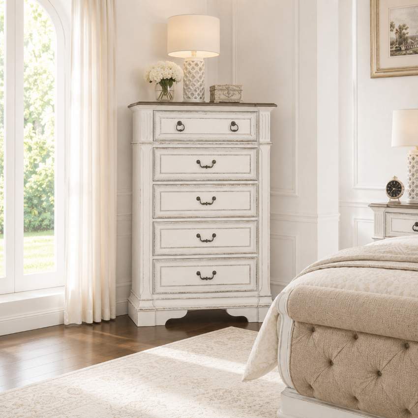 Abbey Park French Farmhouse Bedroom Set with Upholstered Sleigh Bed