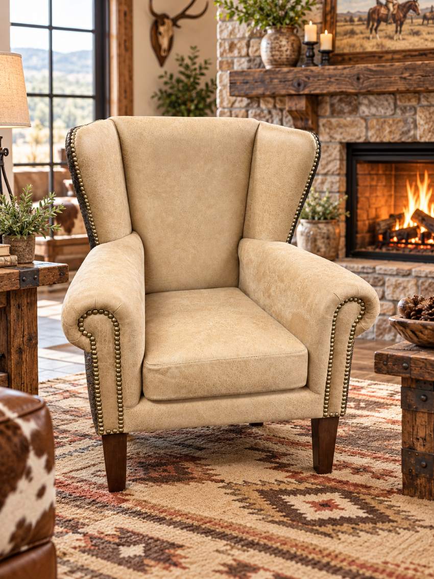 Accent Wingback Western Chair with Cowhide in Tan