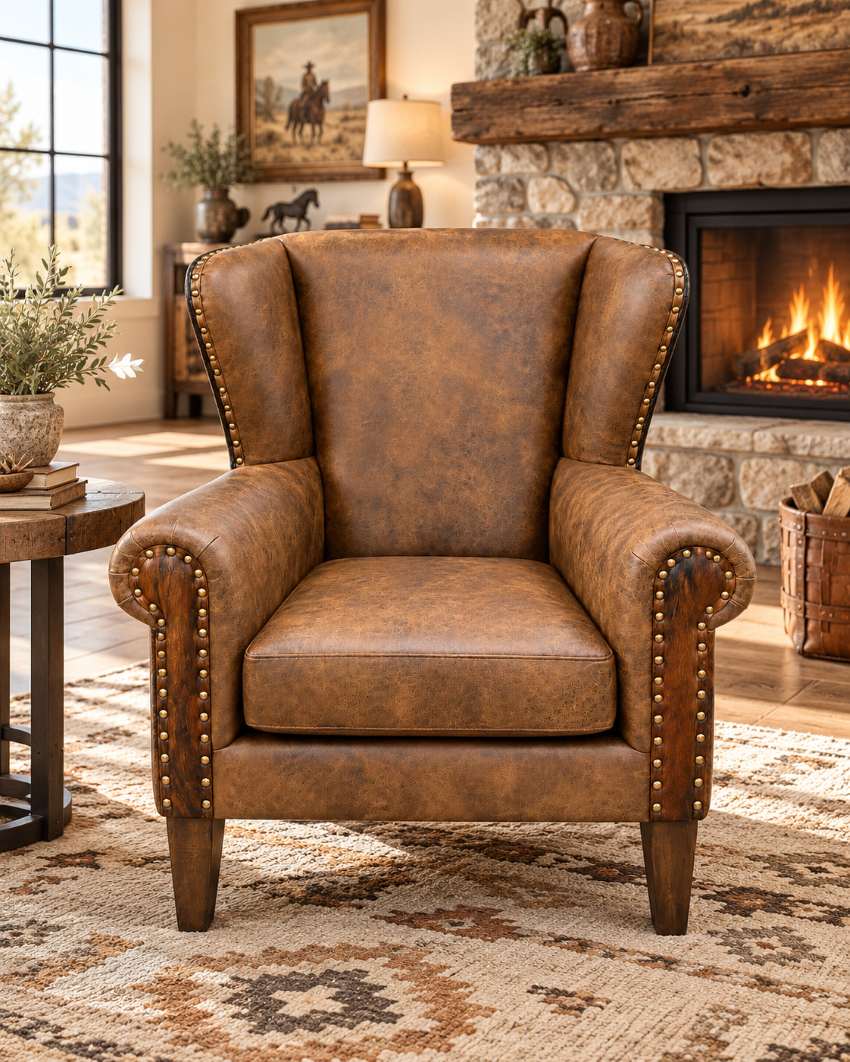 Accent Wingback Western Chair with Cowhide in Brown