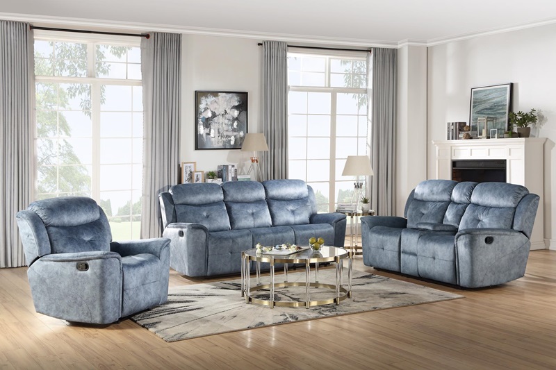 55035 Mariana Blue Reclining Sofa Set, Blue Leather Reclining Living Room Set