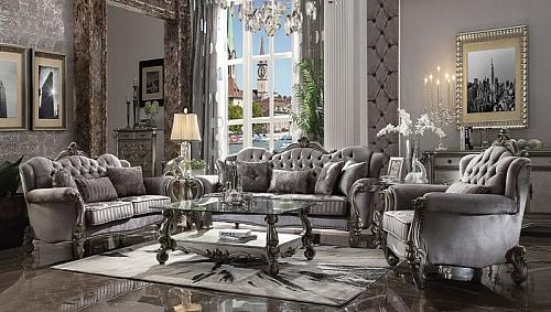 Versailles Formal Living Room Set in Silver Velvet
