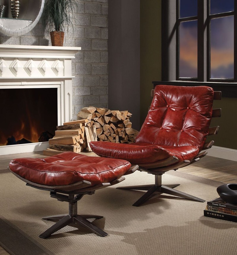 Gandy Leather Accent Chair Set in Red