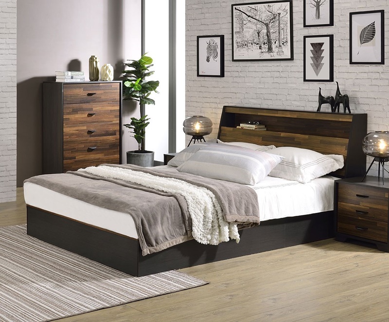 Eos Bedroom Set with Storge in Walnut and Black