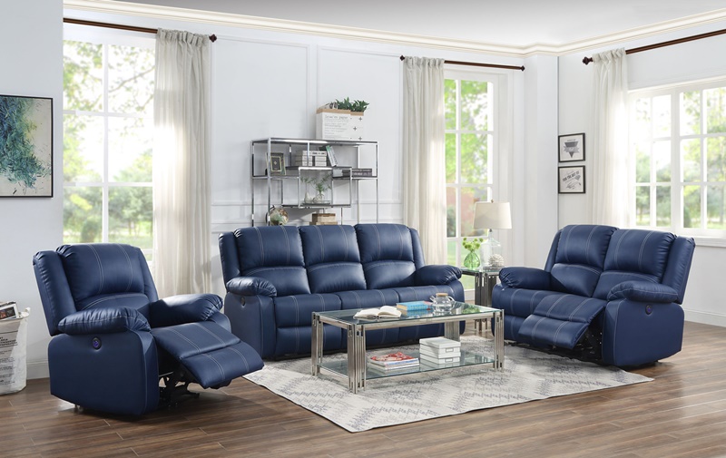 Zuriel Reclining Sofa Set in Blue