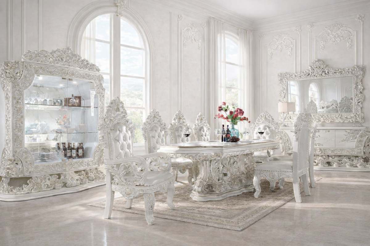 Adara Ornate Vintage European Dining Room Set in Antique White Adara Ornate Vintage European Dining Room Set in Antique White