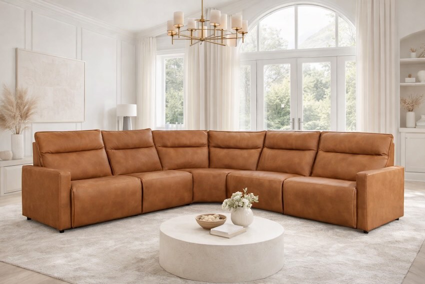 Adell Leather Power Motion Sectional in Saddle
