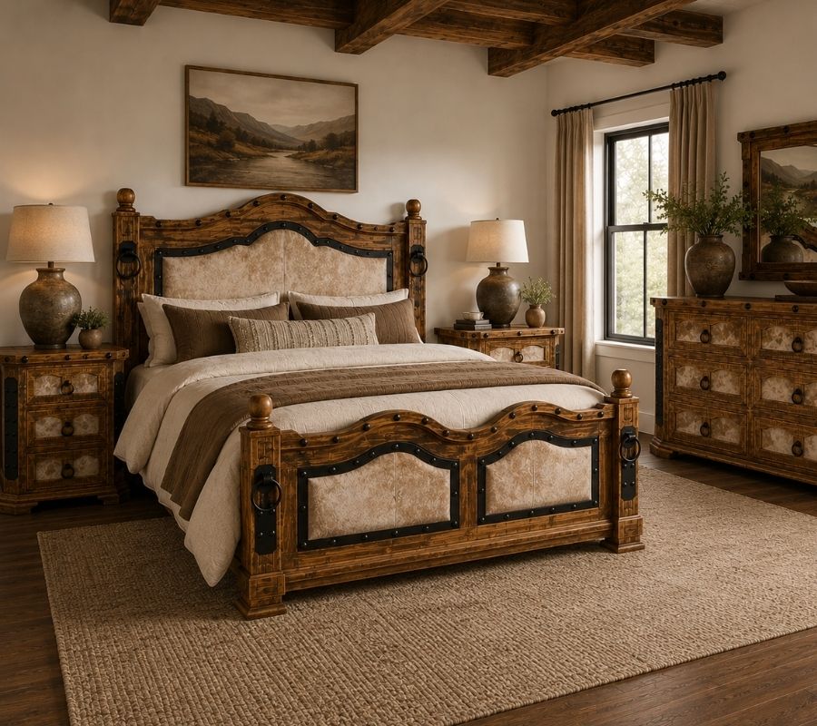 Alamo 5 Piece Rustic Bedroom Set with Cowhide Accents