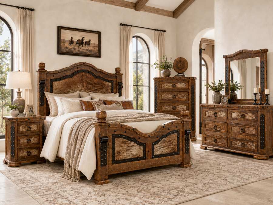 Alamo 6 Piece Rustic Bedroom Set with Light Brindle Cowhide Accents