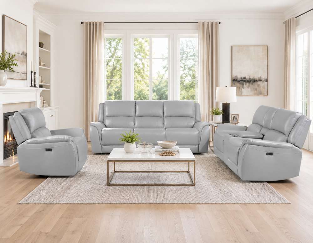Alexandria Grey Top Grain Leather Power Reclining Sofa Set Alexandria Grey Top Grain Leather Power Reclining Sofa Set