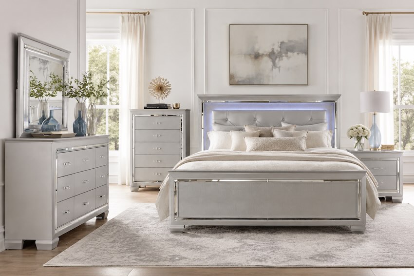 Allura Silver Modern Chic Bedroom Set with LED Lights Allura Silver Modern Chic Bedroom Set with LED Lights