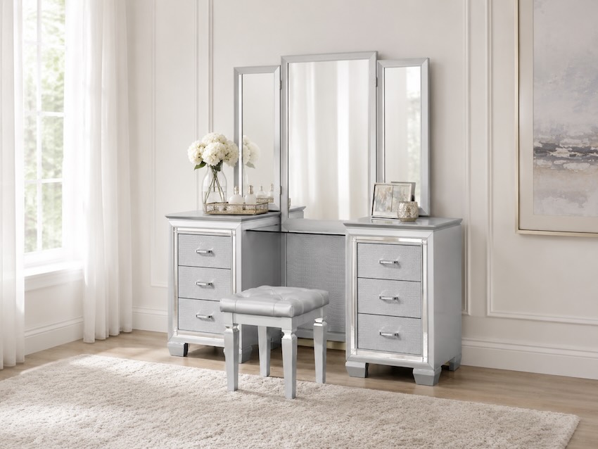 Allura Silver Modern Chic Bedroom Set with LED Lights
