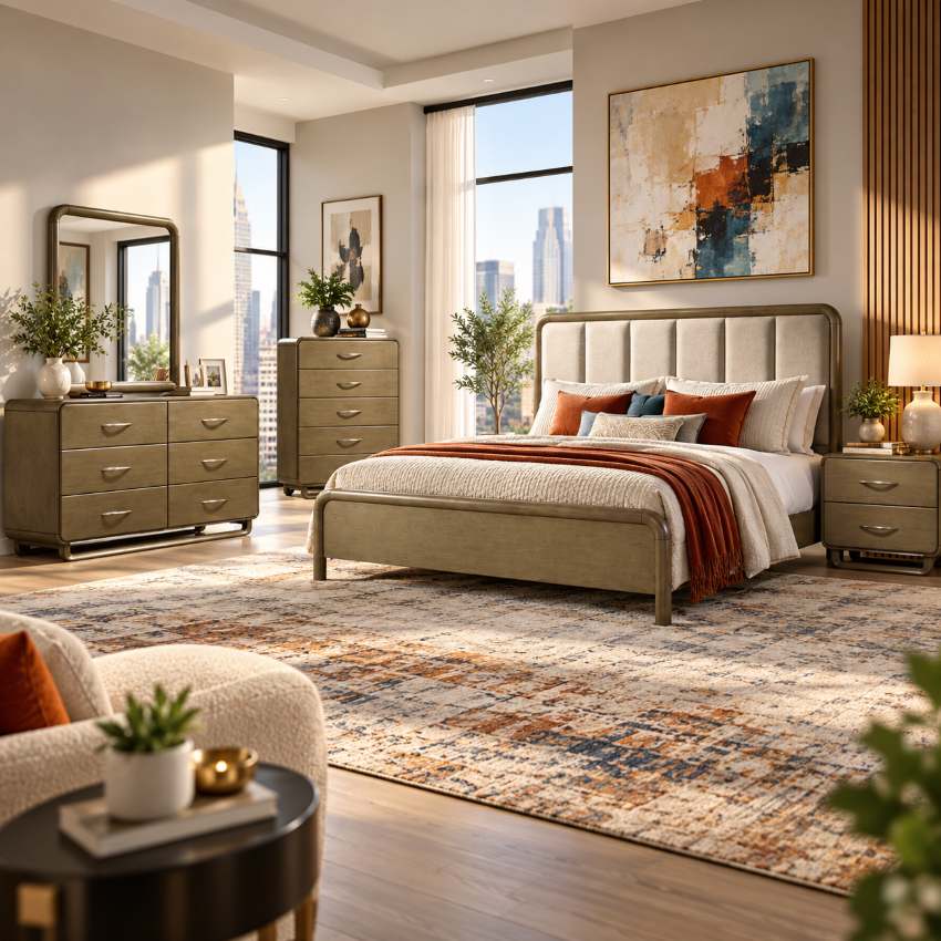 Amsbury Warm Nutmeg Modern 5-Piece Queen Bedroom Set Amsbury Warm Nutmeg Modern 5-Piece Queen Bedroom Set