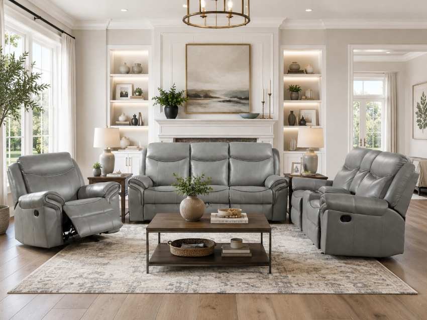 Aram Modern Transitional Grey Reclining Sofa Set