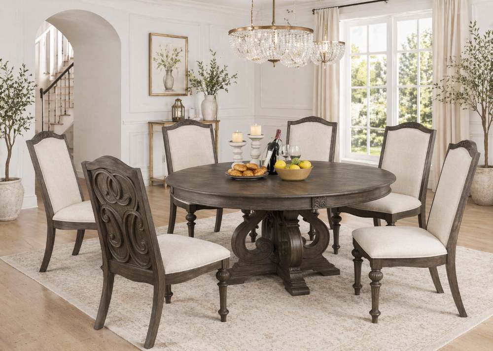Arcadia French Country Rustic Brown Round Table 5-Piece Dining Room Set