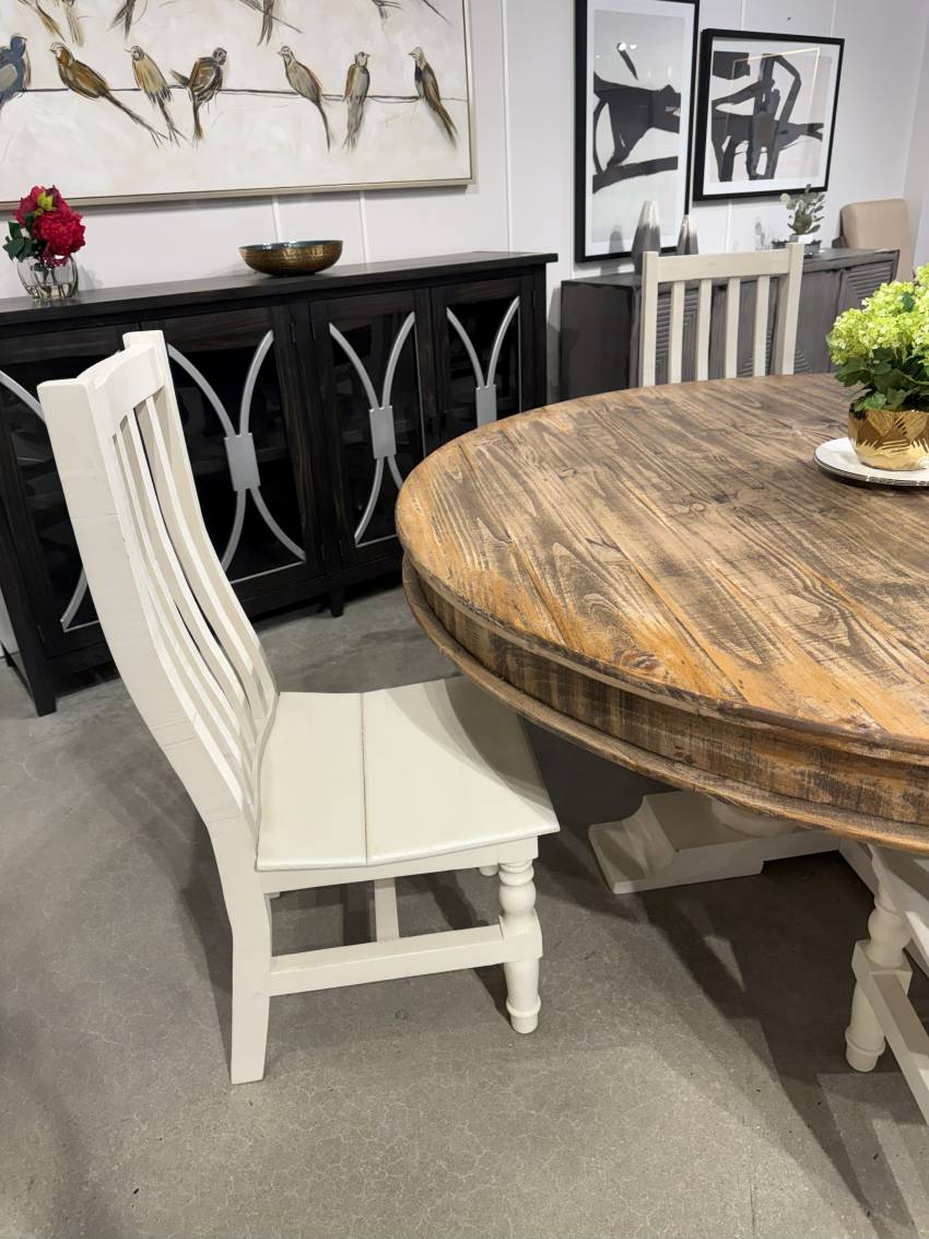 Arthur Solid Wood 72" Round Farmhouse Dining Set in White and Brown