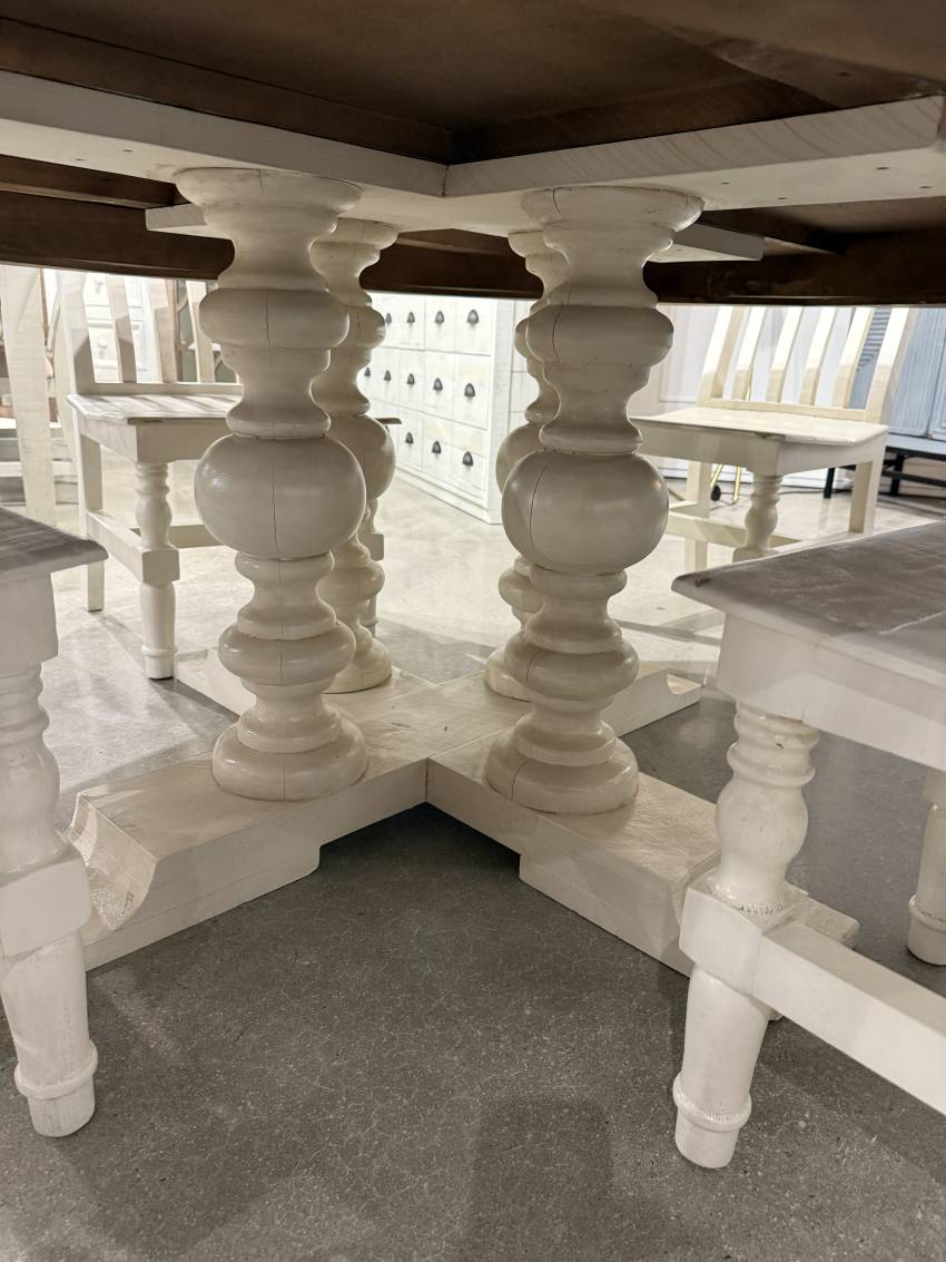 Arthur Solid Wood 72" Round Farmhouse Dining Set in White and Brown