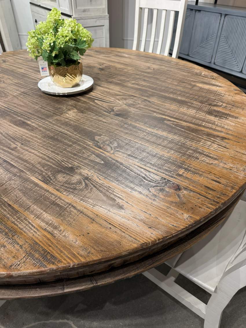 Arthur Solid Wood 72" Round Farmhouse Dining Set in White and Brown