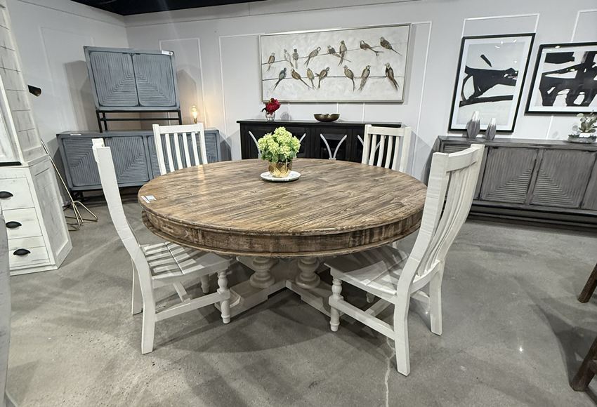 Arthur Solid Wood 72" Round Farmhouse Dining Set in White and Brown