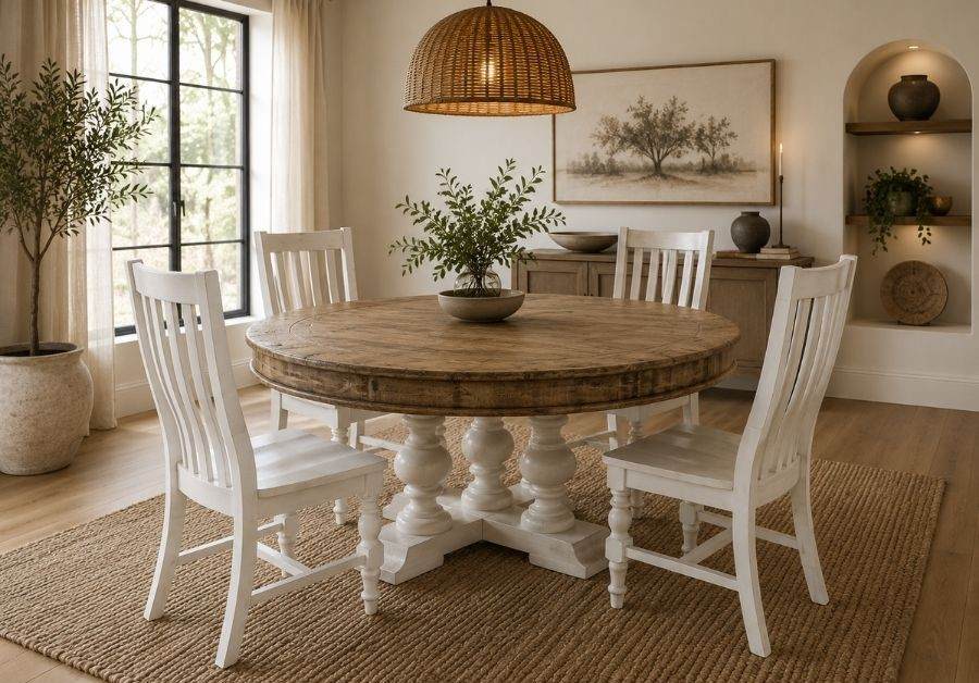 Arthur Solid Wood 72" Round Farmhouse Dining Set in White and Brown Arthur Solid Wood 72" Round Farmhouse Dining Set in White and Brown