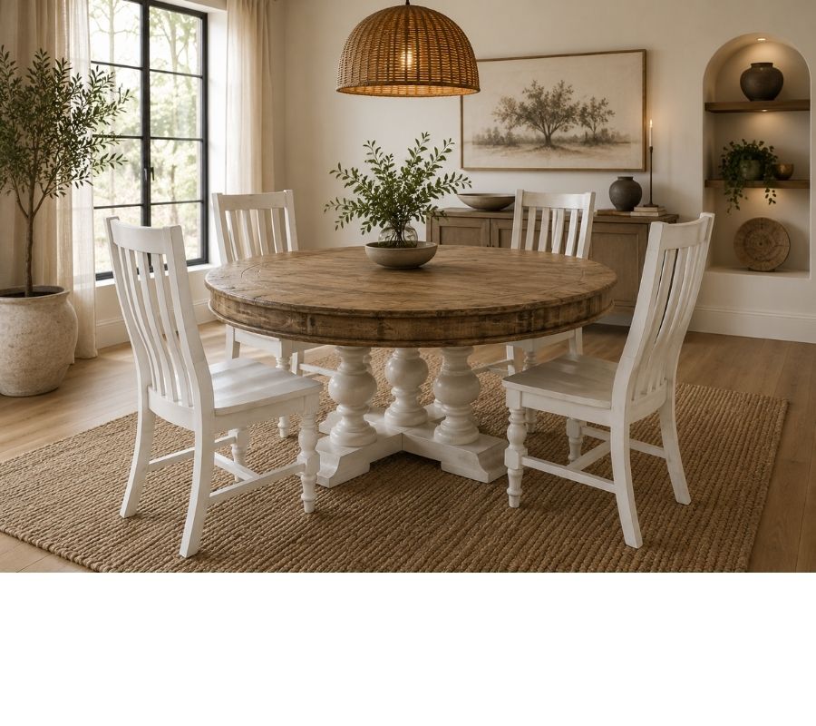 Arthur Solid Wood 72" Round Farmhouse Dining Set in White and Brown