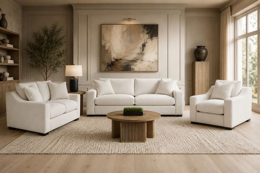 Ashland Transitional 3-Piece Sofa Set In Sand Upholstery Ashland Transitional 3-Piece Sofa Set In Sand Upholstery