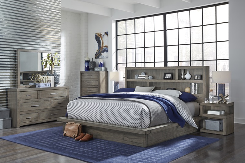 Modern Loft Grey Platform Bedroom, Contemporary Bookcase Headboard Designs Free