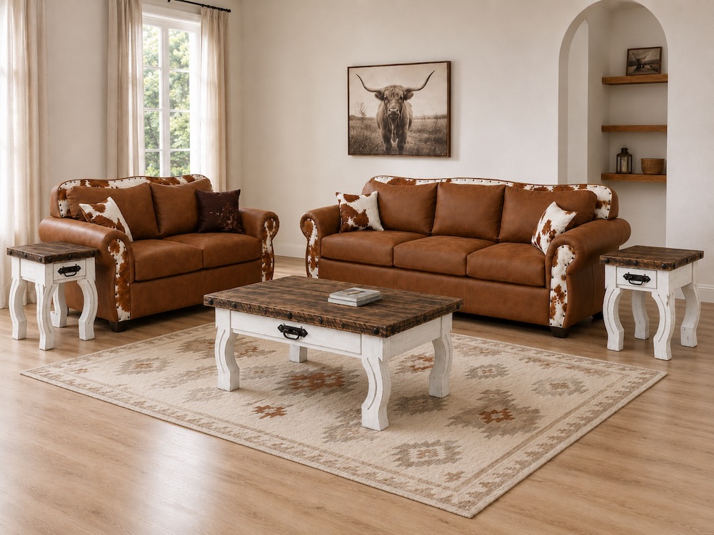 Austin Western Cowhide Sofa & Love Seat Set in Brown
