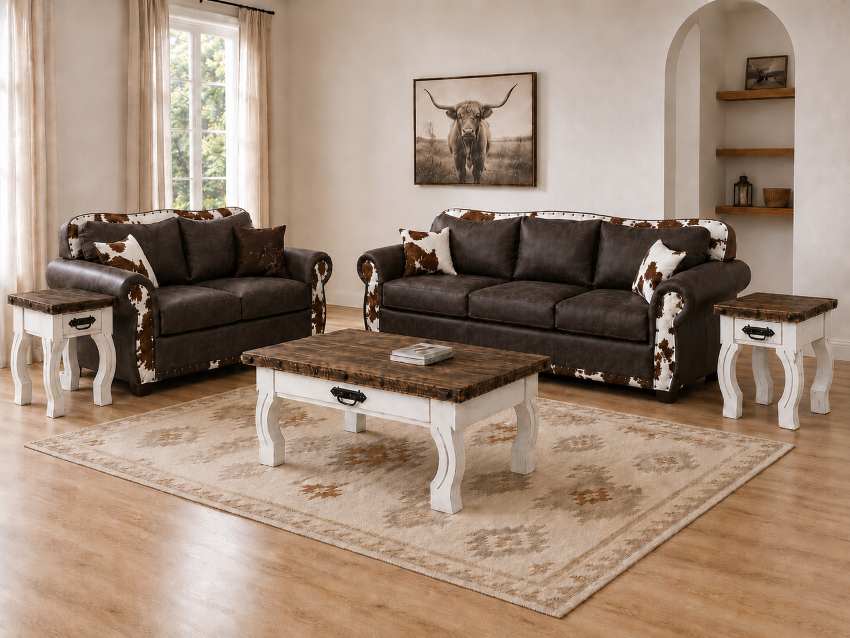 Austin Western Cowhide Sofa & Love Seat Set in Dark Brown Austin Western Cowhide Sofa & Love Seat Set in Dark Brown