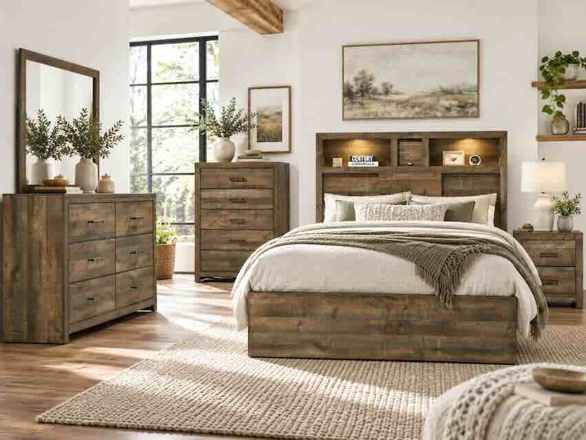 Bailey Modern Rustic Bedroom Set with Bluetooth Speakers & Lighted Bookcase Bed