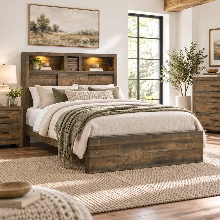 Bailey Modern Rustic Bedroom Set with Bluetooth Speakers & Lighted Bookcase Bed
