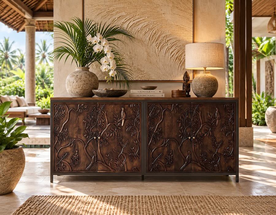 Bali Gardens Carved Wood 4-Door Console Cabinet Bali Gardens Carved Wood 4-Door Console Cabinet