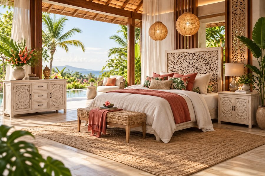 Bali Retreat Carved Mango Wood Bedroom Set in White Wash