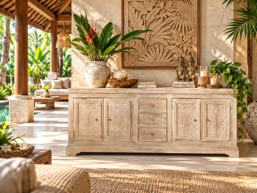 Bali Sands 94" Carved Wood 4-Door Multi-Use Console Cabinet Bali Sands 94" Carved Wood 4-Door Multi-Use Console Cabinet