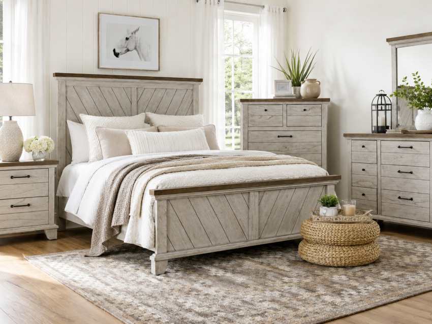 Bear Creek Bedroom Set in Rustic White Smoke