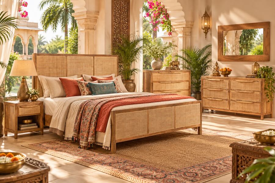 Bengal Haven Natural Mango Wood & Cane Bedroom Set