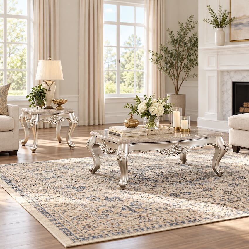 Bently Luxury Platinum 3-Piece Coffee Table Set with Marble Tops