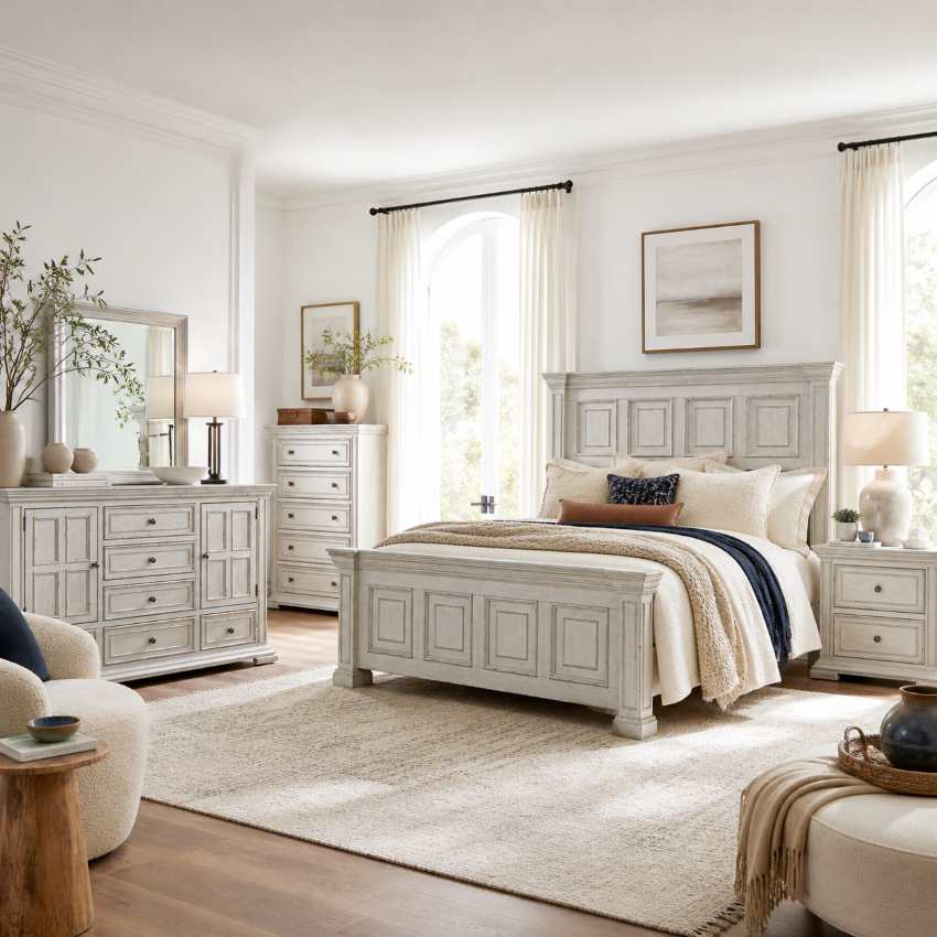 Big Valley Farmhouse Country Bedroom Set in Distressed Whitestone Big Valley Farmhouse Country Bedroom Set in Distressed Whitestone