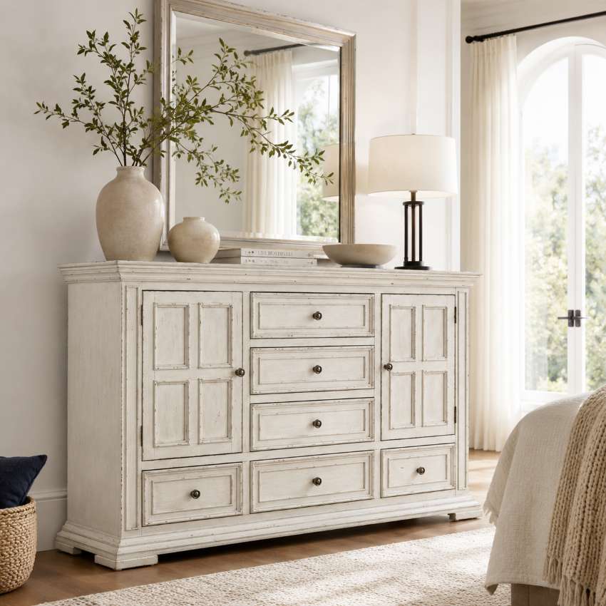Big Valley Farmhouse Country Bedroom Set in Distressed Whitestone
