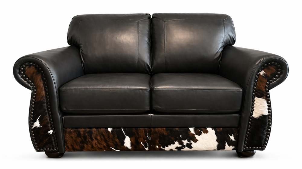 Dallas Black Top Grain Leather Western Sofa with Cowhide