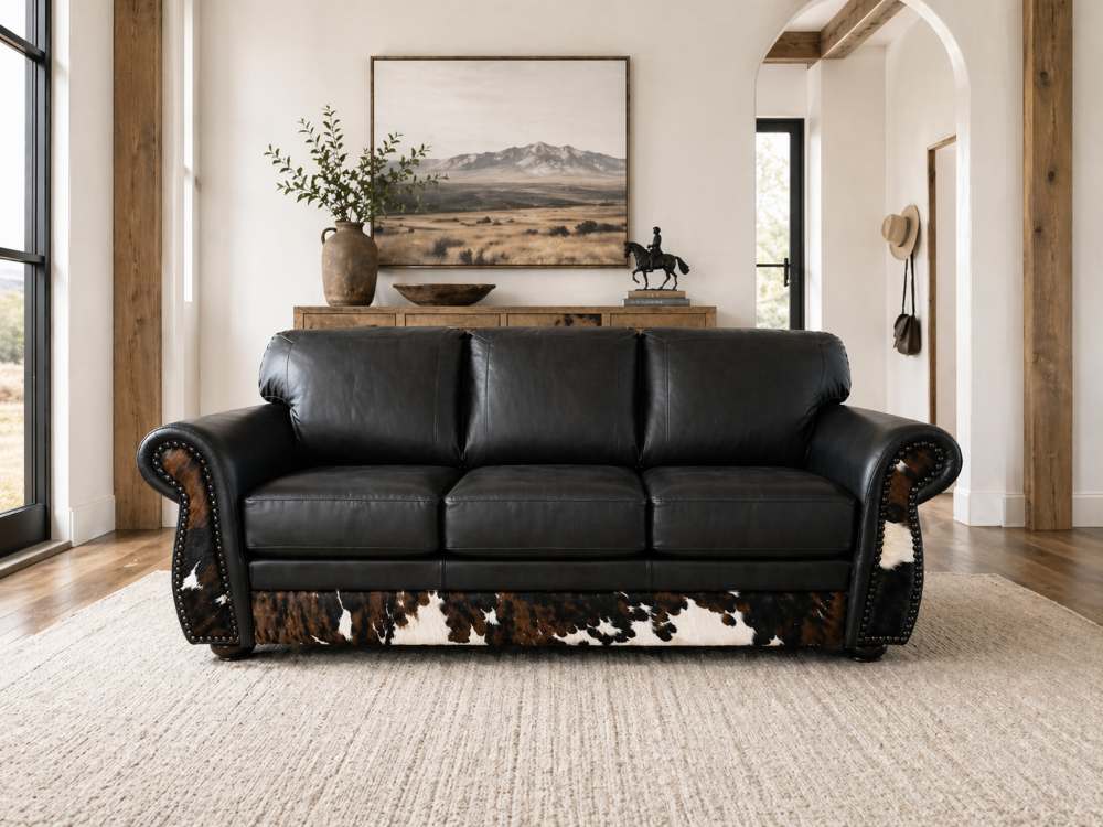 Dallas Black Top Grain Leather Western Sofa with Cowhide