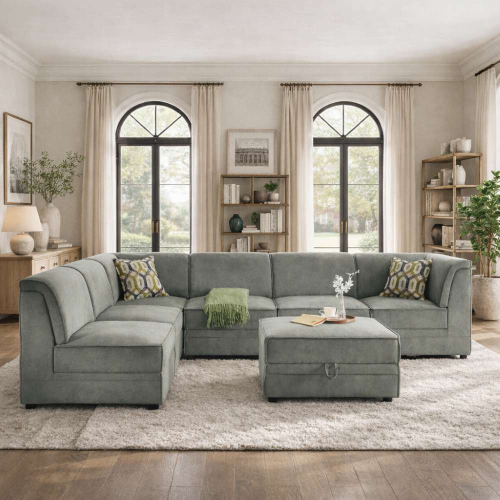 Bois Modular Modern Sectional Sofa in Grey Velvet Bois Modular Modern Sectional Sofa in Grey Velvet