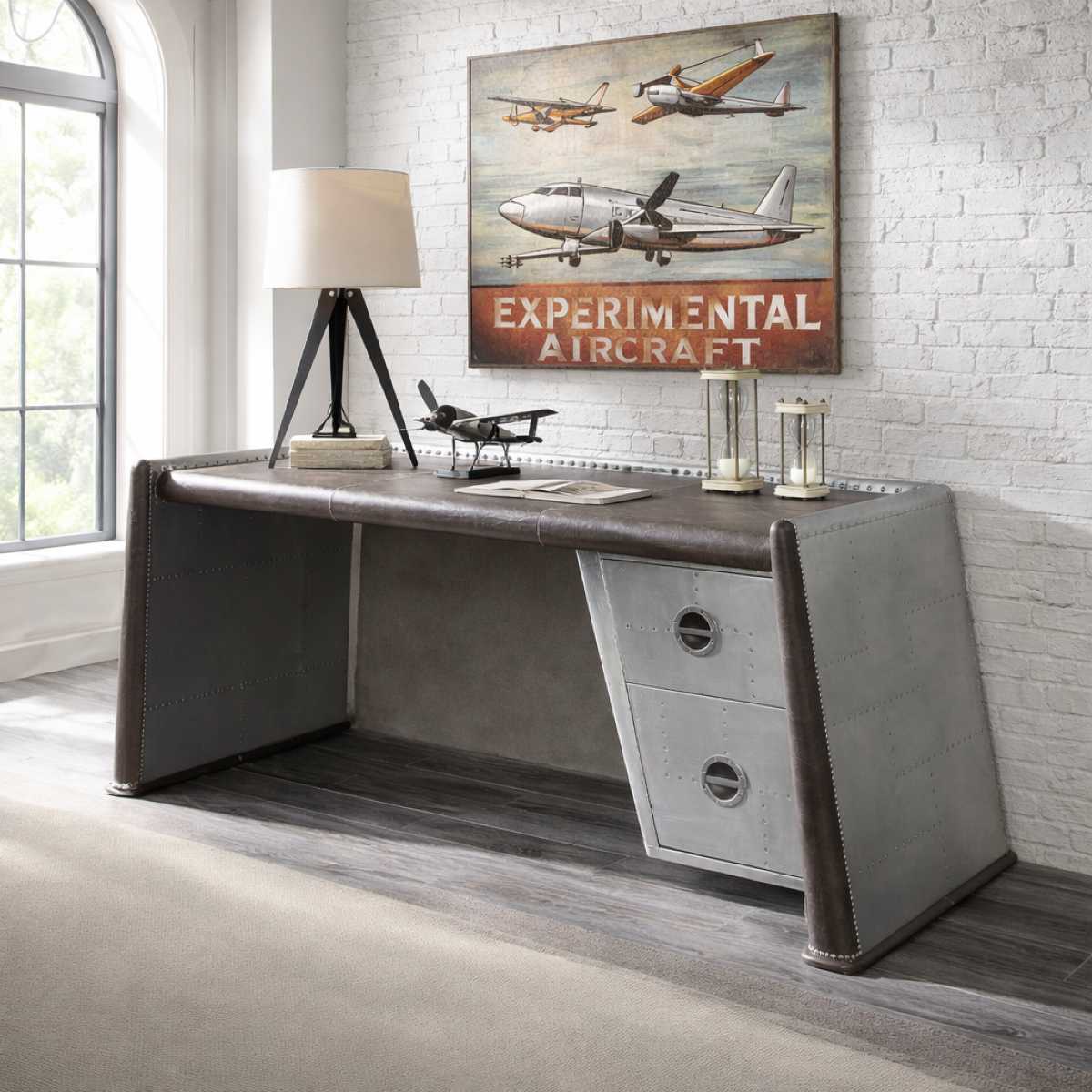 Brancaster Industrial Aviation Aluminum Desk with Leather Top