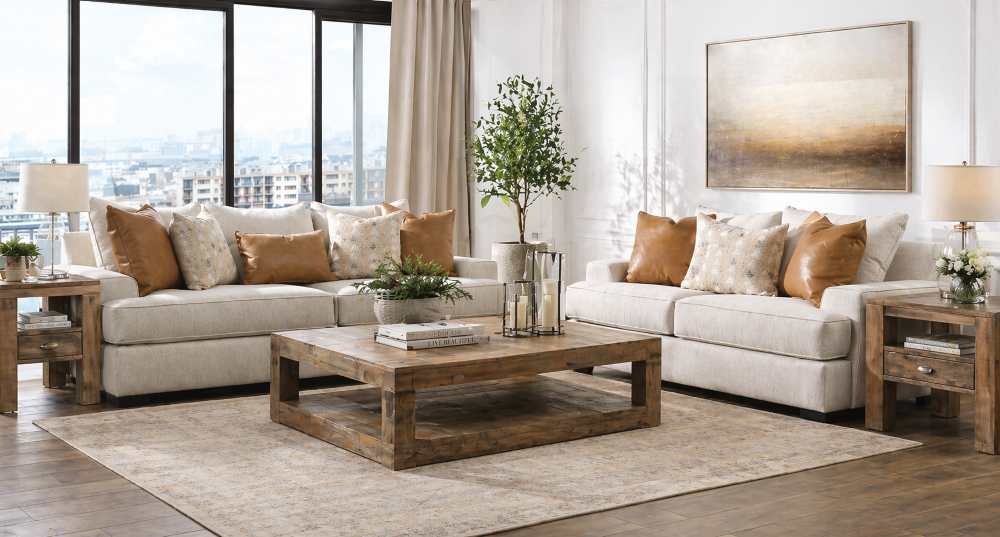 Brentwood Transitional Luxe Sofa and Love Seat Set in Sand